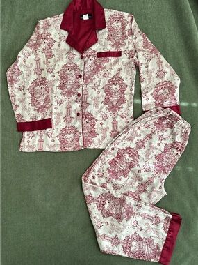 Robert Louis Silk Blend Pajama Set L Toile Baroque Burgundy Cream 2pc 75% Silk